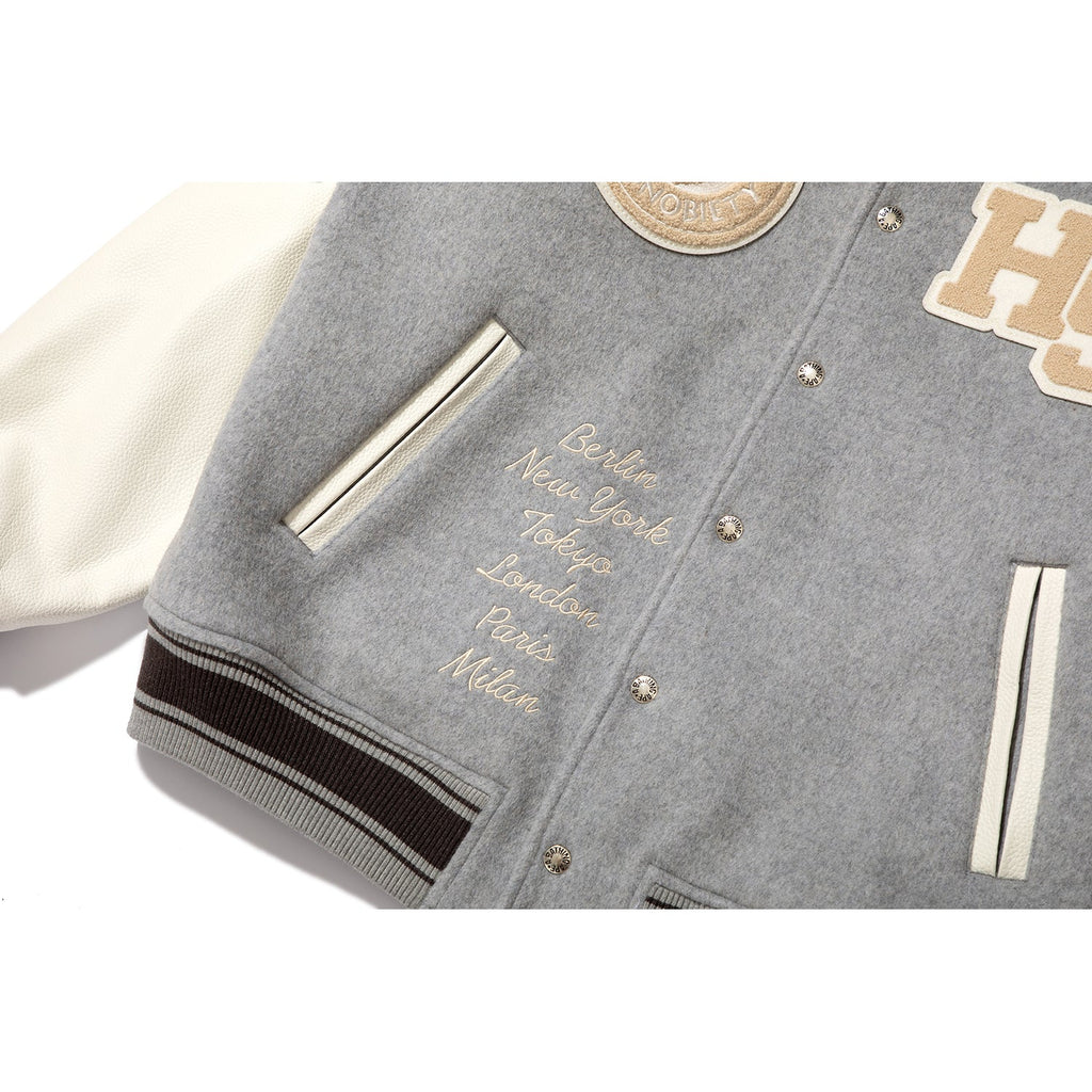 BAPE X HIGHSNOBIETY MULTI LOGO VARSITY JACKET MENS
